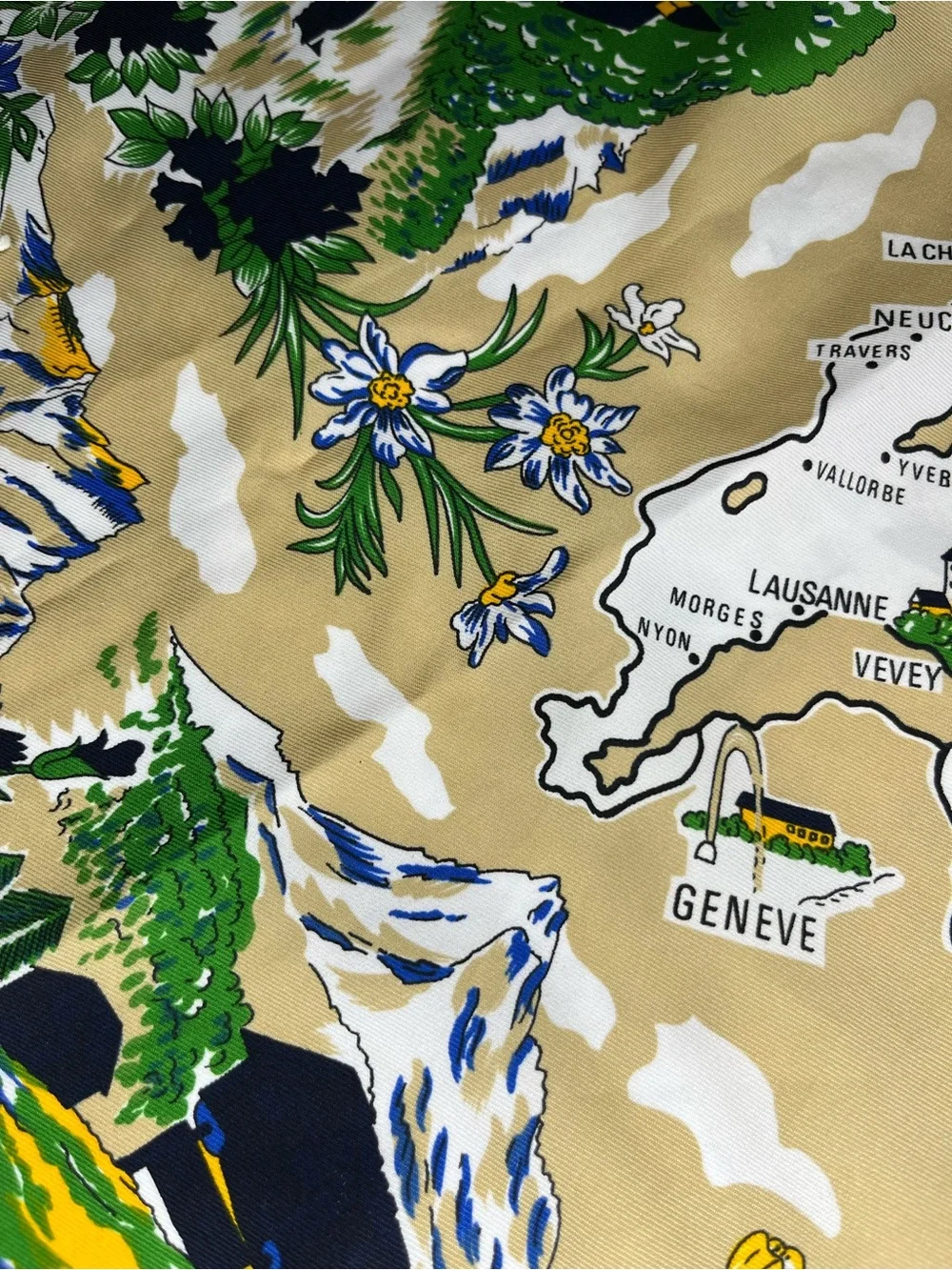 Vintage Map Print Silk Scarf in Navy, Yellow & Green